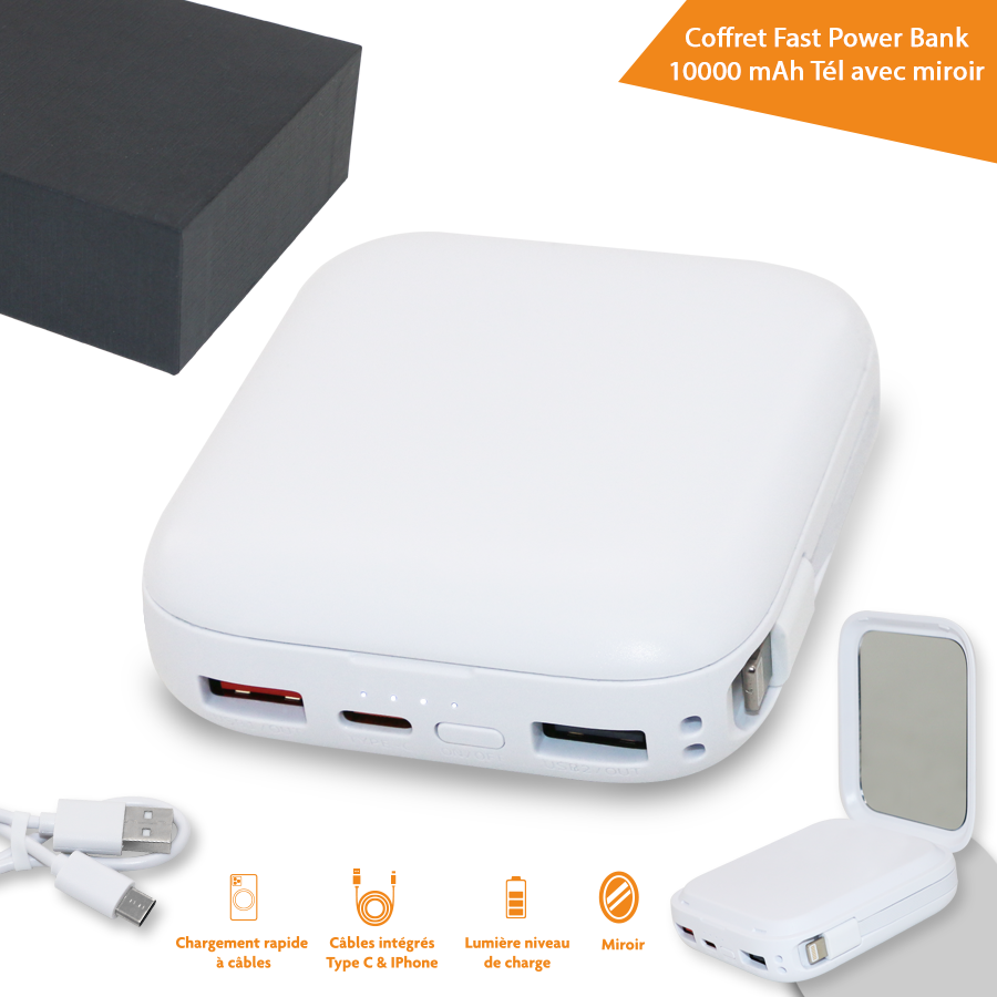 Coffret rapide Power Bank 10000 mAh avec miroir et câbles types C et IPhone intégrés.