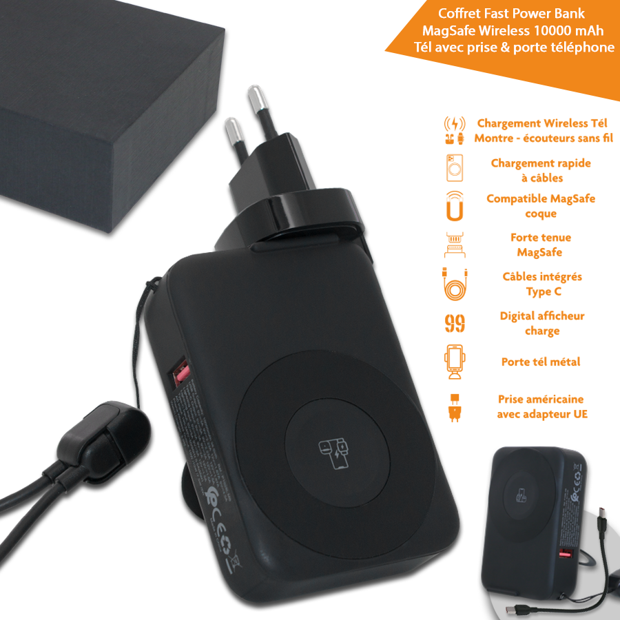 Coffret Power Bank MagSafe 10000 mAh Extra options sans fil pour téléphone, écouteurs sans fil et montre digitales avec prise murale USA et adapteur UE ainsi qu’un porte tél rotatif métallique.