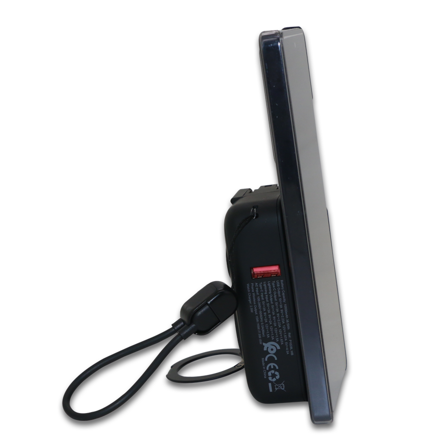 Coffret Power Bank MagSafe 10000 mAh Extra options sans fil pour téléphone, écouteurs sans fil et montre digitales avec prise murale USA et adapteur UE ainsi qu’un porte tél rotatif métallique.