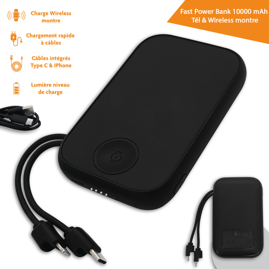 Rapide Power Bank 10000 mAh TM sans fil pour montre et chargement rapide à câbles pour téléphones.