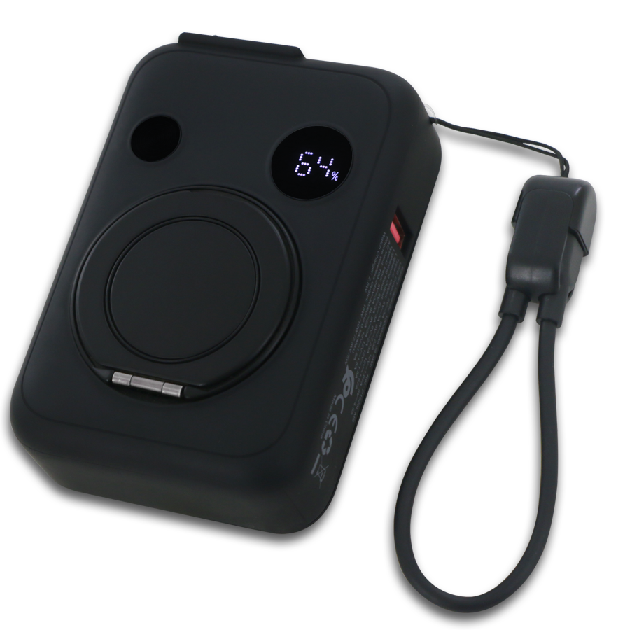 Coffret Power Bank MagSafe 10000 mAh Extra options sans fil pour téléphone, écouteurs sans fil et montre digitales avec prise murale USA et adapteur UE ainsi qu’un porte tél rotatif métallique.
